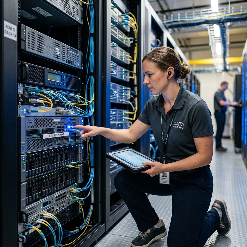 Técnico inspeccionando un rack de servidores